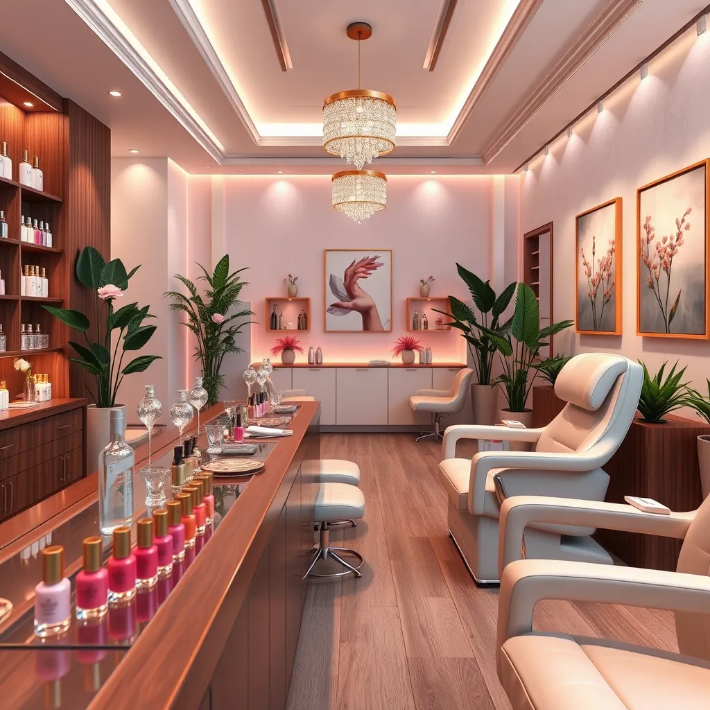 Generate a photorealistic, ultra-high quality header image that captures the essence of Mariposa Nails. The composition should feature an elegant nail salon setting, with a beautifully arranged manicure station featuring premium nail polish bottles, tools, and a relaxing spa chair. Use soft, warm lighting to create an inviting and tranquil atmosphere, highlighting the rich colors of the nail polishes in shades of pink, gold, and lavender. The angle should be slightly high, providing a comprehensive view of the salon's interior. Texture should be refined, showcasing polished wooden surfaces, plush seating, and glimmering glass elements. Include environmental elements like indoor plants and calming artwork on the walls to enhance the ambiance. Background details should reflect a clean and modern aesthetic, with a hint of luxury. Style references can be drawn from contemporary salon designs. Ensure the final image has a resolution of 8K and is hyperrealistic, enhancing the feeling of cleanliness and sophistication., ultra high resolution, photorealistic, 8K, hyperdetailed, cinematic lighting