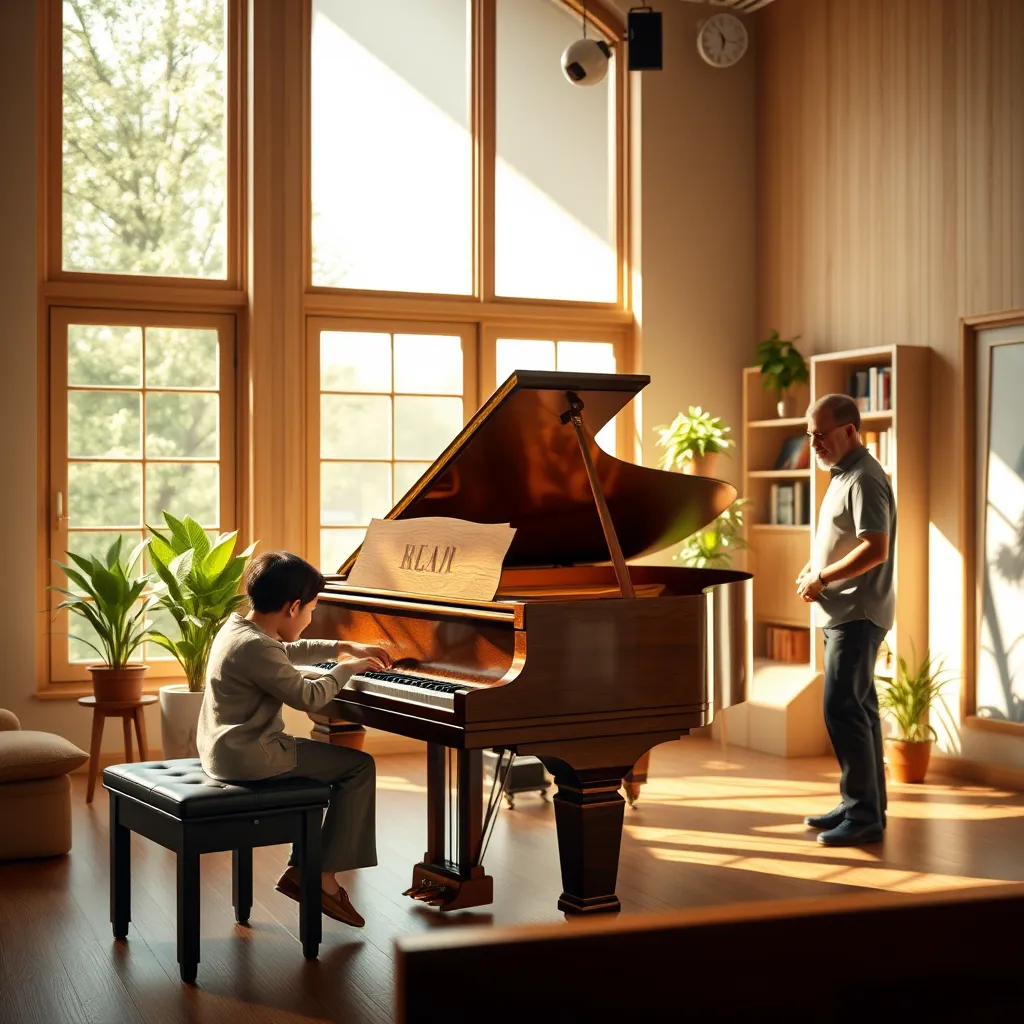 Generate a photorealistic image of a warm, inviting piano studio with a grand piano at the center. The studio has large windows allowing natural light to flood in, complemented by soft diffused lighting that creates a cozy, welcoming atmosphere. The color palette features earthy tones with a focus on rich woods, and soft fabrics. Capture the texture of the polished wooden piano, the keys gleaming under the soft light. In the background, there are shelves filled with music books and a few potted plants adding a touch of nature. The scene is viewed from a slightly elevated angle, showing a comfortable chair at the piano and a student, around ten years old, concentrating on playing, with a smile on their face. The teacher, a middle-aged man, is standing by, offering gentle guidance. The environment reflects focus, learning, and warmth. Style references include the works of Annie Leibovitz for a natural yet composed aesthetic. Technical specifications: 8K resolution, hyperrealistic, ultra-detailed.