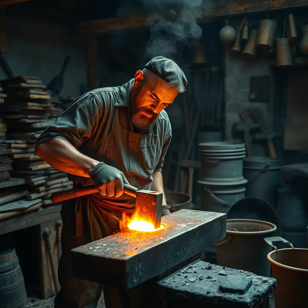 Generate an exceptionally detailed and photorealistic image of a blacksmith in action within a traditional forge. The scene should show the blacksmith hammering a glowing piece of red-hot metal on an anvil surrounded by a rustic, smoky workshop environment. Use dramatic, warm lighting to highlight the glow of the heated metal and capture the intensity of the worker's focused expression. Elements like stacks of raw materials, an assortment of hammers and tongs, and cooling buckets of water should populate the background. Place emphasis on the textures of the heated metal, the rough edges of the anvil, the worn-out gloves, and the gritty surfaces. The camera angle should be from the side, slightly lower, to capture the scale and detail of the action. The image should be 8K resolution, ultra-detailed, and inspired by realistic, high-quality industrial art.
