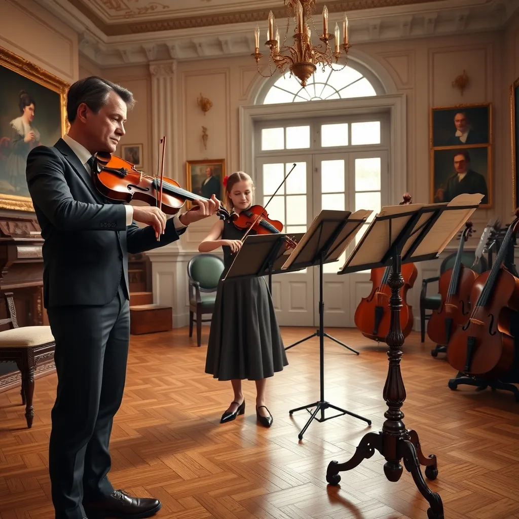Generate an image depicting a violin lesson with a focus on a student practicing while the teacher observes attentively. The subject is positioned in a spacious music room with elegant décor. The scene is bathed in soft, diffused lighting that brings out the rich tones of the wooden violin and the polished antique music stand. The color palette features warm browns, golds, and soft whites. The camera angle is slightly low, capturing the student in mid-bow draw with the instructor giving feedback. Emphasize the textures of the wooden floors, the glossy finish of the violin, and the intricate strings. Include background details such as classical music posters, a padded stool, and other musical instruments to create an authentic learning environment. Style the image in a hyperrealistic manner with influences from portrait photographers like Dorothea Lange. Ensure the final image is rendered in 8K resolution with ultra-detailed precision.