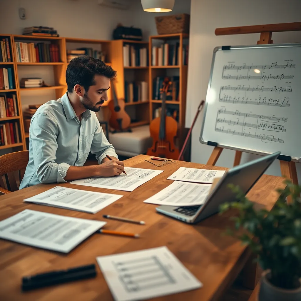 Generate an image of a student and teacher engaged in a private music theory lesson. The focus should be on a large wooden table with neatly arranged music sheets, pencils, and a whiteboard filled with notations. The scene is lit with soft diffused lighting, casting a warm, inviting glow. The color palette includes earthy tones with splashes of white and pastel. Capture the scene from a slightly elevated angle, highlighting the concentration on both the teacher's and student's faces. Include detailed textures of the wooden table, matte finish of the music sheets, and the smooth surface of the whiteboard. The background shows a cozy room filled with shelves of music books and instruments. Style the image in the manner of Annie Leibovitz, with an ultra-detailed, hyperrealistic finish. Ensure the scene is captured in 8K resolution to emphasize every nuance and detail.