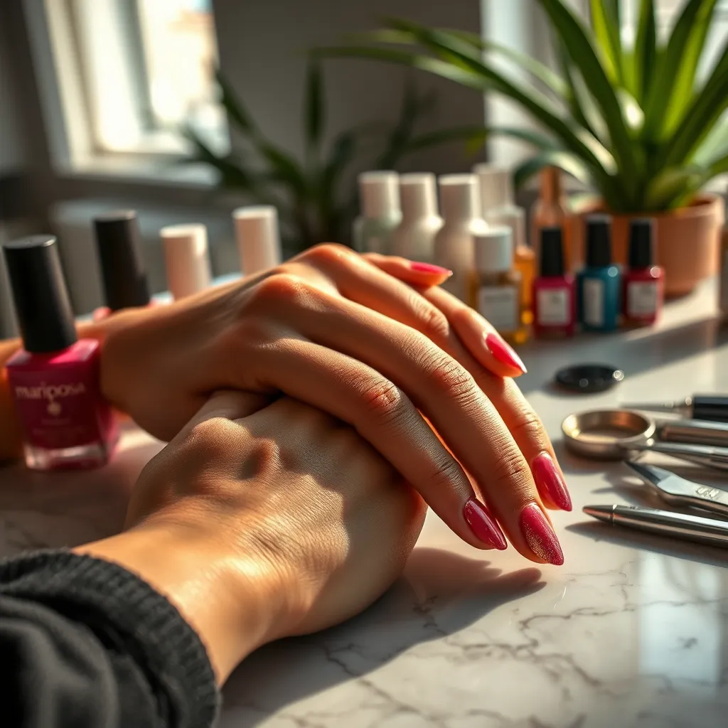 Generate an intricately detailed image of a Shellac manicure at Mariposa Nails. Focus on a person's hands resting on a beautifully set nail table adorned with vibrant nail polish bottles. Use dramatic side lighting to create depth and highlight the shine on the freshly applied Shellac nails, which should showcase an ombre gradient design with shimmering highlights. Arrange tools neatly in the background, ensuring visibility of environmentally responsible products, with a textured marble table surface reflecting the light. Capture the scene from a macro perspective to emphasize the gloss and colors of the nails, evoking a luxurious and sophisticated mood. The setting should be tranquil with gentle plants in soft focus in the background. Style references should include modern beauty editorial photography, ensuring an ultra-detailed finish, targeting an 8K resolution quality.