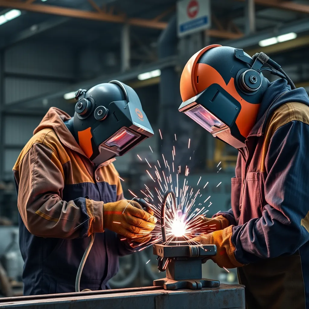 High-quality photorealistic image of professional welders wearing safety gear, performing different welding techniques such as Shielded Metal Arc Welding and TIG welding in a well-lit workshop environment with sparks flying and metal structures around them.