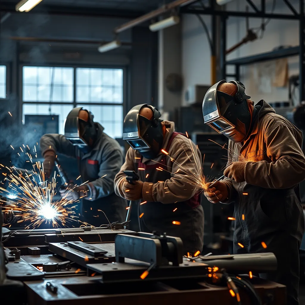 High-resolution image showing a group of professional welders using different welding techniques in a well-equipped workshop, sparks flying, with various metalwork pieces around them. The ambience should convey expertise and precision.