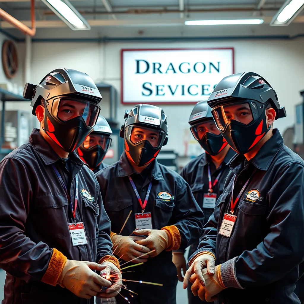 Photorealistic image featuring a group of welders in professional protective gear, displaying their certification badges. They are working in a bright, organized workshop, with a clear sign 'Dragon Welding Services' in the background. The setting should feel friendly yet professional.