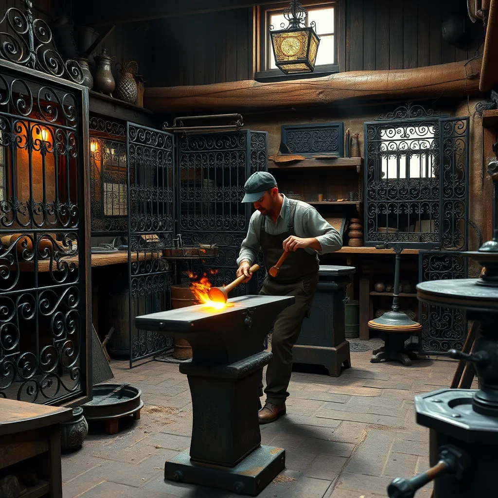 Photorealistic image of a blacksmith in a traditional workshop, forging a piece of iron on an anvil with a hammer, surrounded by finished wrought iron pieces like ornate gates and furniture. The workshop should have a vintage industrial feel.
