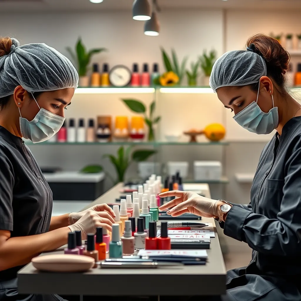 Professional nail technicians in the process of applying nail polish using eco-friendly products. Display their tools neatly arranged, emphasizing the cleanliness and professionalism of the salon. Include vibrant nail polish colors and natural ingredients in the background.