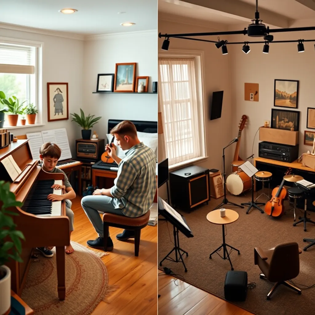 Two images side by side: one showing a cozy, modern home setup with a student playing piano while a teacher instructs, and the other showing a professional music studio with various instruments and a small group lesson. Both settings have a welcoming and nurturing ambiance.