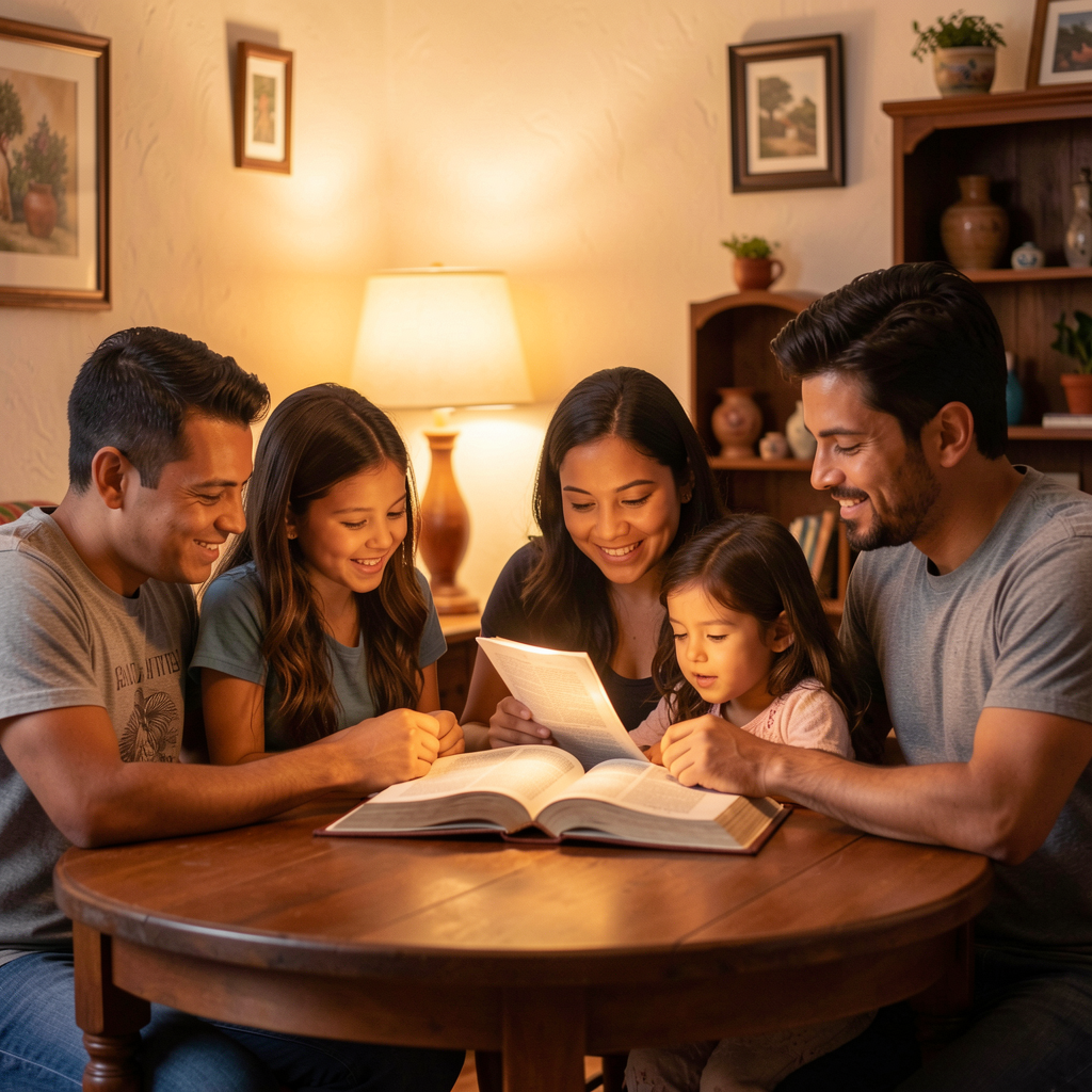 Familia leyendo la Biblia en casa