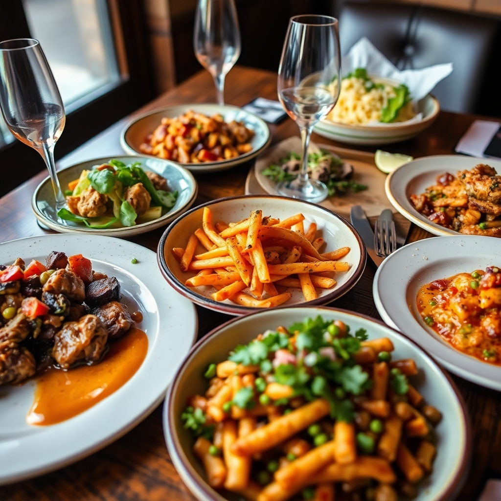 A photorealistic image showcasing a table laden with several signature dishes from Gilberts' menu. Include close-up shots of the food, highlighting the textures and vibrant colors. The color palette should be rich and inviting, focusing on the natural colors of the ingredients. Lighting should emphasize the food's freshness and appeal. The camera angle should be from a slightly elevated position to capture the entire table setting.