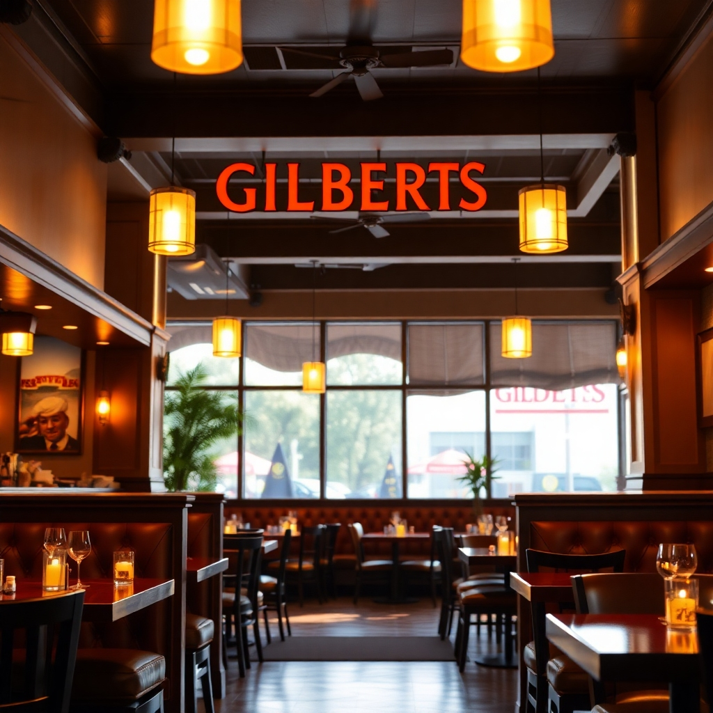 A photorealistic image showcasing the interior of Gilberts, highlighting its comfortable and inviting atmosphere.  The image should focus on the warm lighting, comfortable seating, and overall ambiance. The color palette should be warm and inviting. The lighting should emphasize the comfort and welcoming nature of the restaurant. The camera angle should capture the overall ambiance of the dining area.