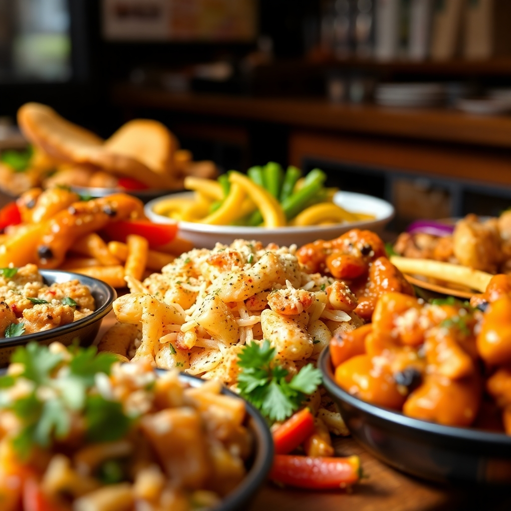 A photorealistic image showcasing the variety of delicious dishes available on the Gilberts' menu. Include close-up shots of the food, focusing on their textures and vibrant colors. The color palette should highlight the natural colors of the ingredients. The lighting should emphasize the food's freshness and appeal. The camera angle should capture the variety of dishes, showcasing the range of options available.