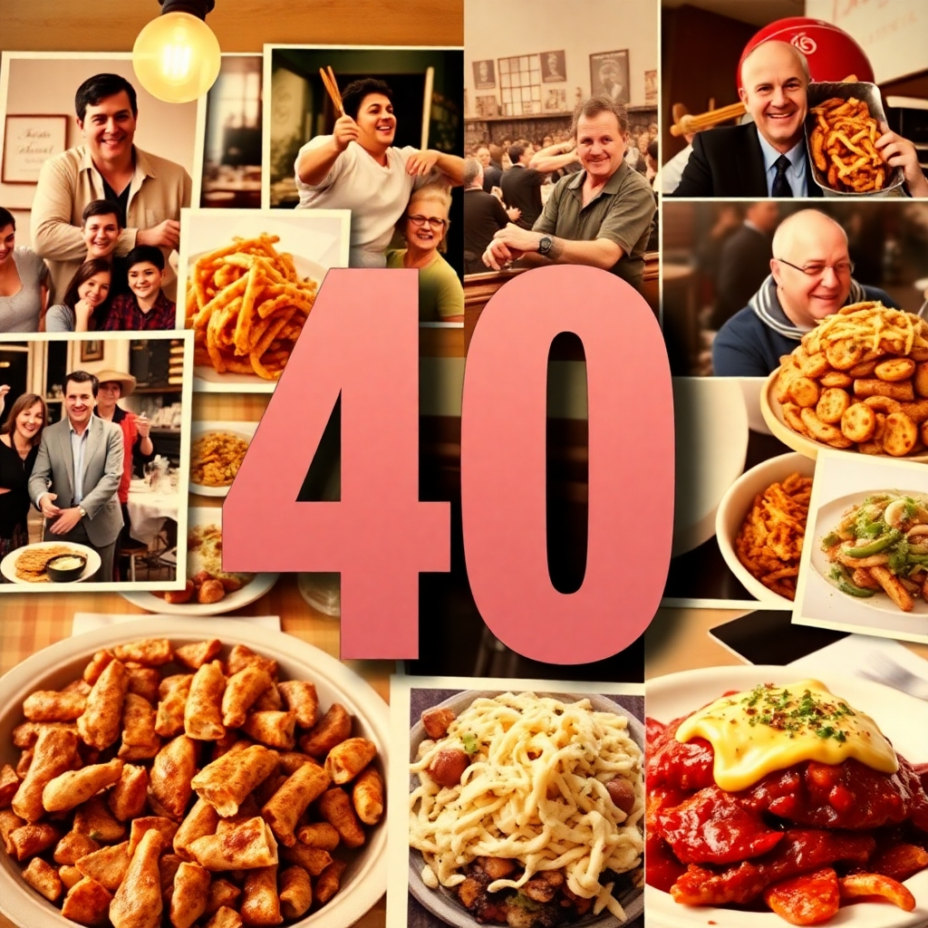 A photorealistic image showing a collage of pictures from the restaurant's 40-year history. Include photos of the restaurant's evolution, happy customers, and famous dishes. The color palette should be warm and nostalgic, reflecting the passing of time and the restaurant's enduring appeal. Lighting should be soft and evocative, creating a sense of nostalgia. The camera angle could be a slightly high-angle view to showcase the collage effectively. Textures should include the grainy feel of old photographs and the smooth textures of food.