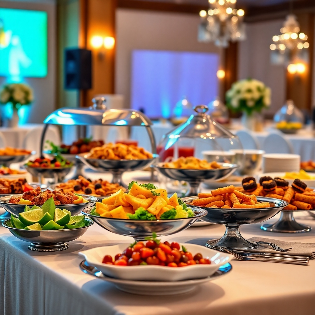 A photorealistic or stylized image showcasing a catering setup at an event. Include visuals of delicious food arranged attractively, showcasing the quality and variety of Gilberts' catering options. The image should also highlight the professionalism of the catering service and the ability to meet the diverse needs of clients. The color palette should be elegant and professional. The lighting should enhance the food's appeal. The camera angle should showcase the entire catering setup, including the food, table settings, and decorations.