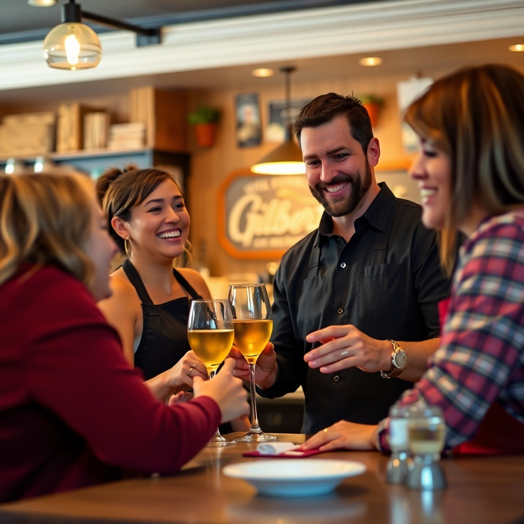 A photorealistic or stylized image that evokes the warmth and hospitality of Gilberts. This could feature a close-up of the staff interacting with happy customers, highlighting the friendly and attentive service they provide. The color palette should be warm and inviting. The lighting should be soft and comfortable. The camera angle could be from a slightly lower angle, focusing on the interaction between the staff and the customers.