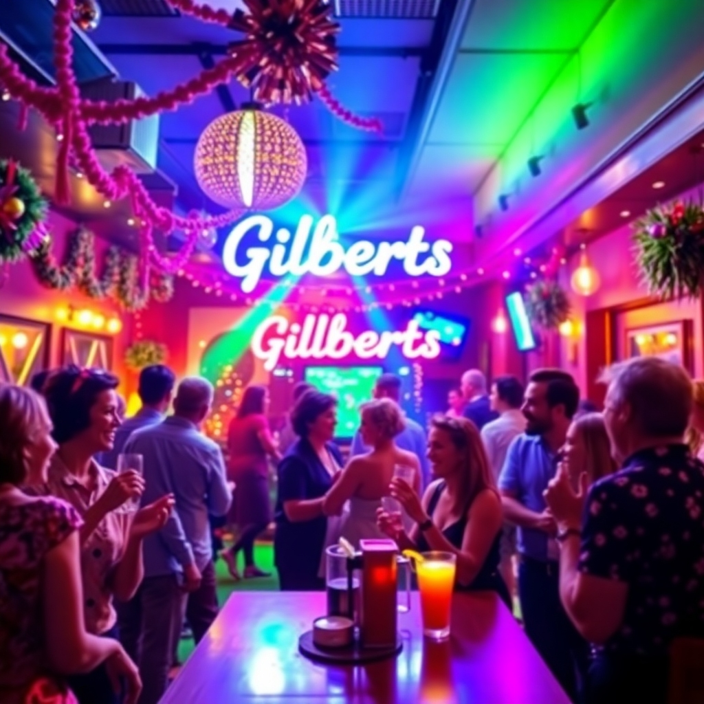 A vibrant and inviting image showcasing a celebratory scene at Gilberts. The image could feature decorations, festive lighting, happy customers, and staff interacting with guests. The color palette should be bright, cheerful, and celebratory. The lighting should be vivid and energetic, creating a sense of fun and excitement. The camera angle should focus on capturing the celebratory atmosphere of the restaurant.