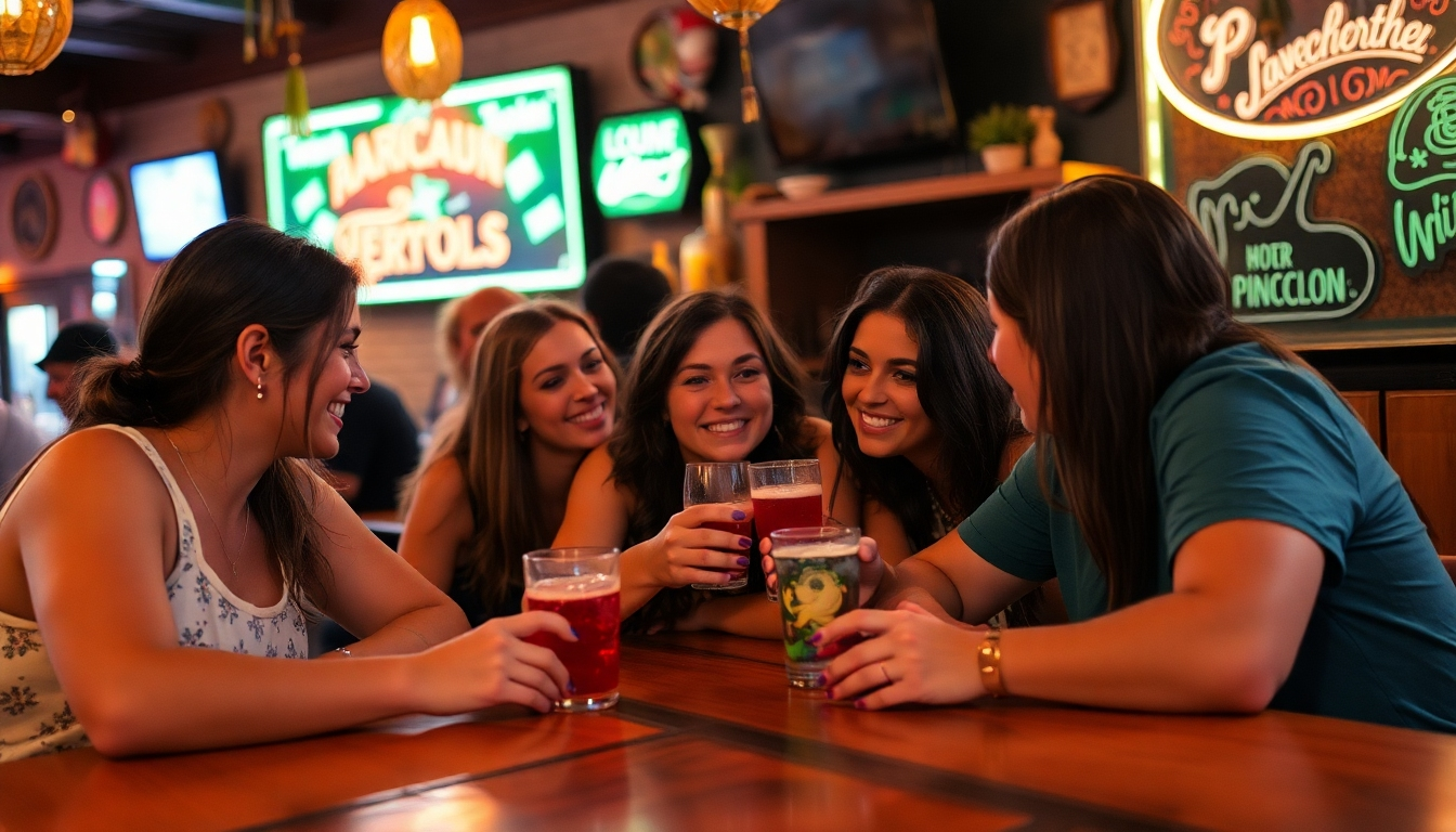 A photorealistic or slightly stylized image showing an aerial view of the Gilberts restaurant at night, with warm lighting emanating from the interior. The image should showcase the restaurant's location in the San Antonio neighborhood and show a lively scene outside. The color palette should feature warm tones, highlighted by the soft lighting. The camera angle should capture the entire restaurant building and surrounding atmosphere. Textures should include the texture of the restaurant's building materials and the lively street scene.