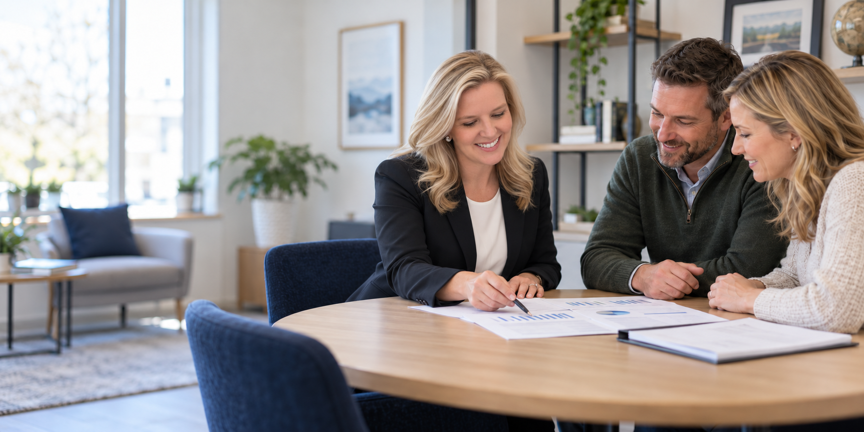 Beth discussing financial records with clients