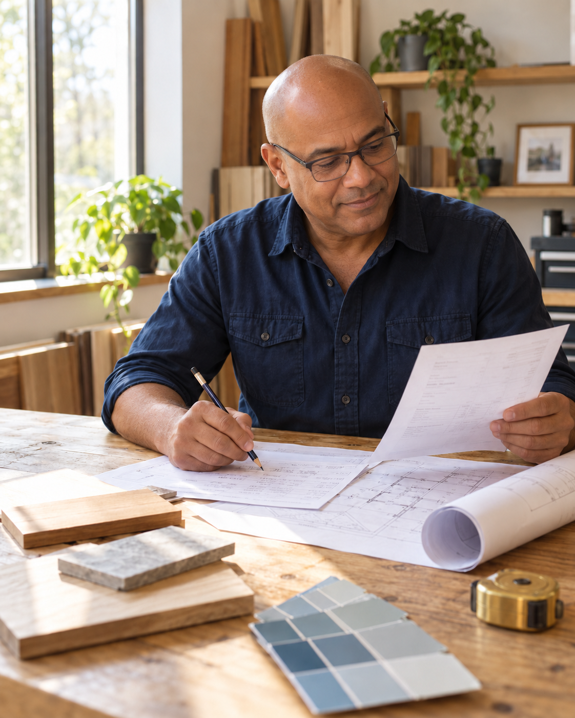 Small-business owner reviewing paperwork at a sunlit worktable with project drawings and material samples