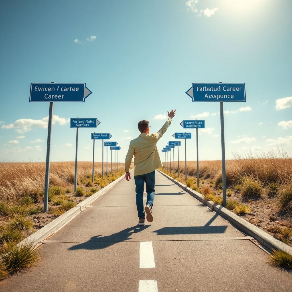 A bright, optimistic image of a person successfully navigating a career path with clear signage and direction. The scene conveys progress and achievement. Technical specs: 4K resolution, high quality.
