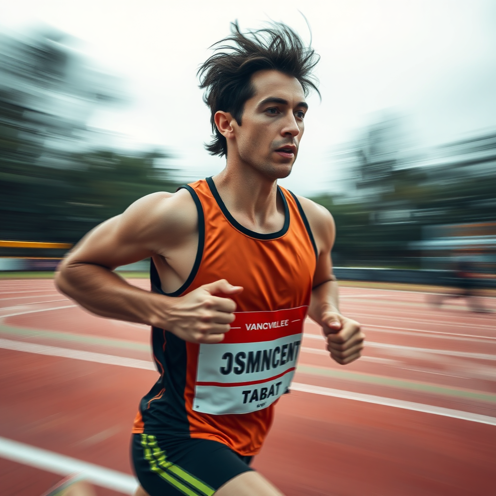 A dynamic image showcasing a person mid-stride during a race, blurred motion emphasizing speed and focus. The runner's face shows determination and concentration. A subtle aura of energy surrounds the runner. The color palette is vibrant and energetic. Technical specs: 4K resolution, high quality.
