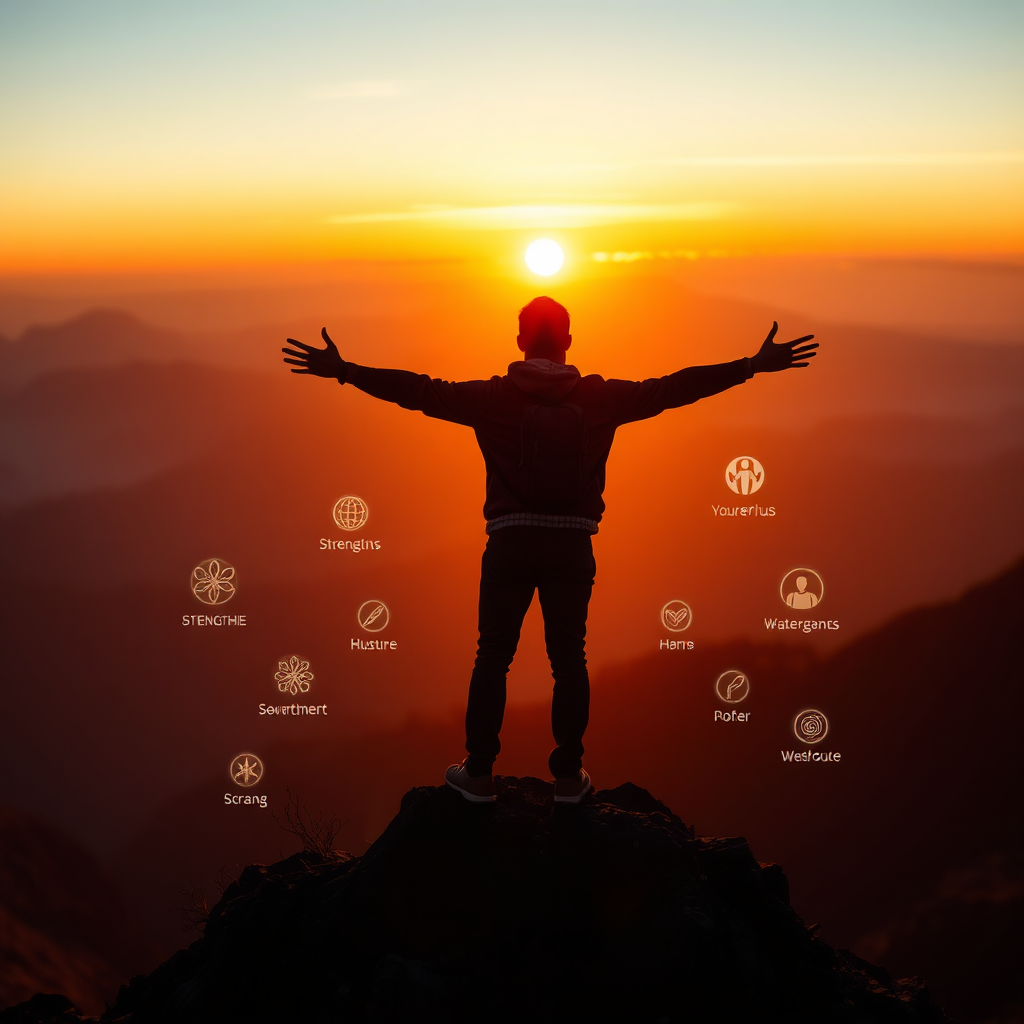 A photorealistic image depicting a person standing on a mountaintop, arms outstretched, silhouetted against a vibrant sunset. Hidden within the landscape are subtle, glowing symbols representing various personal strengths. The color palette is warm and inspiring, with a sense of accomplishment and limitless possibilities. Technical specs: 4K resolution, high quality.