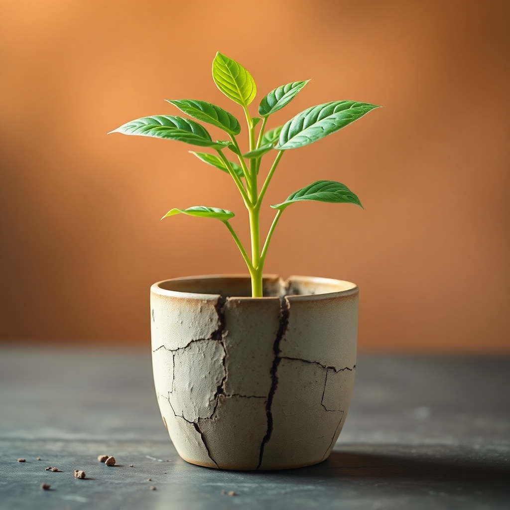 A photorealistic image depicting a plant growing from a cracked pot. The plant is vibrant and healthy, symbolizing growth and resilience despite the initial hardship. The background should be soft and warm, promoting a sense of hope and perseverance. High detail, focus on textures