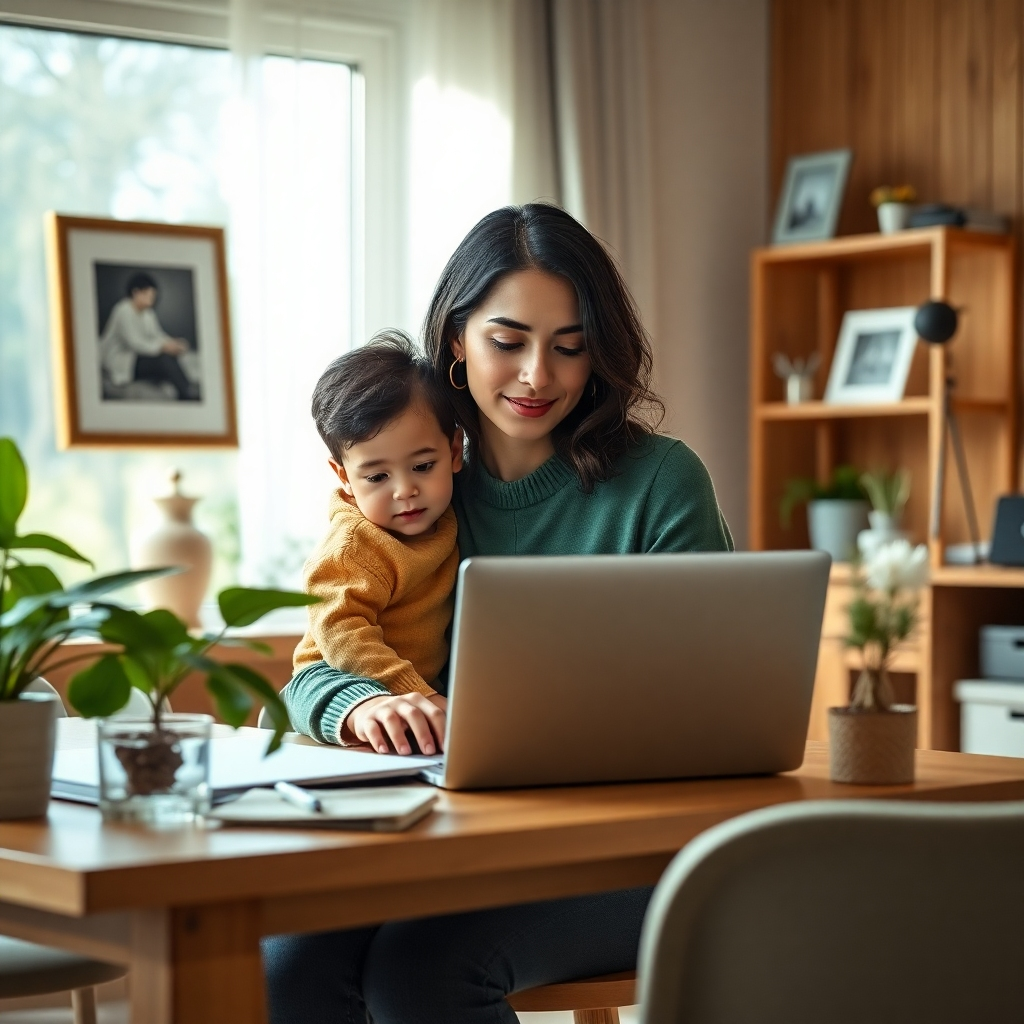 A photorealistic image, in 8K resolution, portraying a woman confidently juggling multiple tasks simultaneously - working on her laptop in a tranquil home office while interacting with her child and tending to a plant. The scene is bathed in soft, natural light. The color palette is composed of earthy tones with accents of vibrant green and calming blue. The camera uses a medium shot, capturing the woman's calm composure.  The home office is neatly organized, reflecting a sense of control and efficiency. Textures of wood, fabric, and natural materials are prominent. The background depicts a harmonious blend of workspace and family space. In the style of Peter Lindbergh, emphasizing a sense of balance and ease. The overall mood is calm yet powerful, showcasing the achievement of work-life integration. The image should be hyperrealistic with ultra-detailed textures, showcasing the interplay of light and shadow, and the vibrancy of the colors. Environmental details include personal touches that showcase a life that's both productive and meaningful.