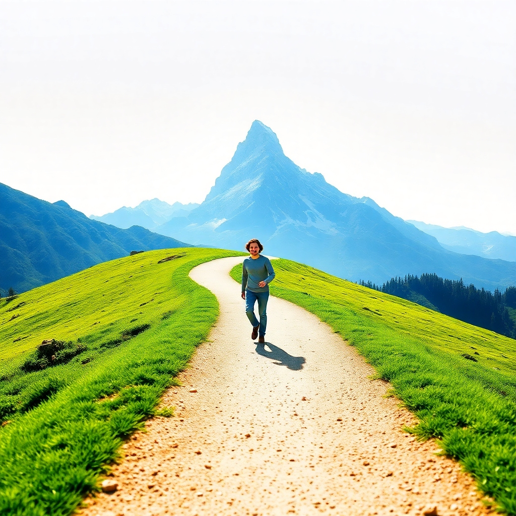 A photorealistic image of a person confidently striding forward on a bright, sunlit path leading to a majestic mountain peak, symbolizing the journey towards success. The person should have a determined yet serene expression, and the overall mood should be optimistic and inspiring. The path should be well-defined, winding through a lush green landscape, and the mountain peak should be clear and imposing.  The lighting should be natural and bright, with a slight lens flare to enhance the inspirational feel.