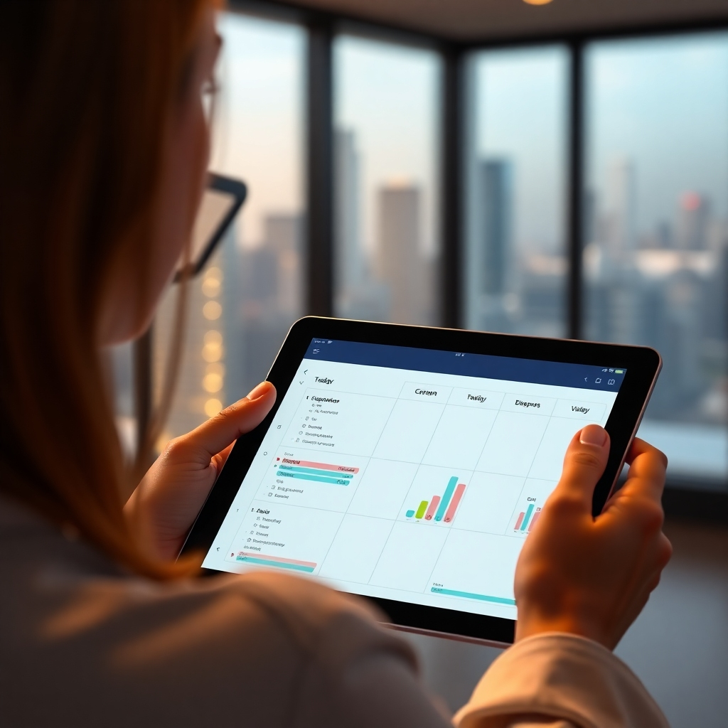 A photorealistic image of a person using a modern, sleek planner or app on a tablet to visualize and track their goals. The screen should display a clear, organized goal-setting framework, showing both short-term and long-term objectives with progress bars. The background should subtly showcase elements associated with the goals, such as a cityscape for career goals or a family portrait for personal goals, creating a visual representation of interconnectedness and balance. The lighting should be soft and focused on the screen, highlighting the strategic planning process.