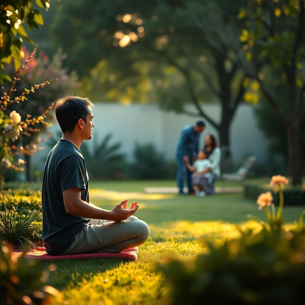 A photorealistic image of a person peacefully meditating in a quiet garden, while a gently blurred background shows a laptop and a family interacting happily in the distance, emphasizing a balance between work, family, and personal time.  The overall tone is peaceful and balanced.