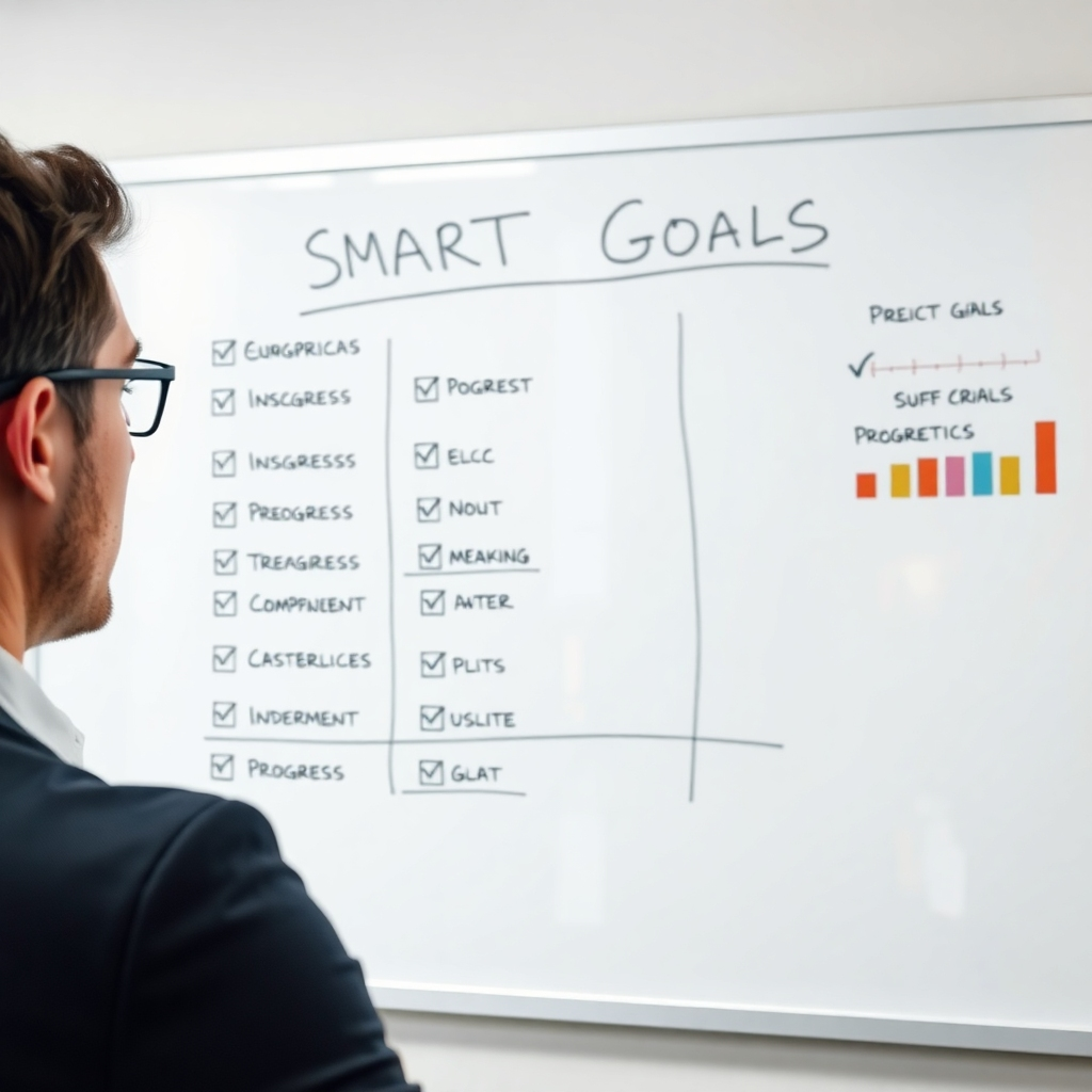A photorealistic image of a person looking determinedly at a whiteboard filled with SMART goals, clearly categorized, with visual progress indicators (check marks, progress bars, etc.).  The overall setting should feel professional but encouraging, highlighting clarity and organization.