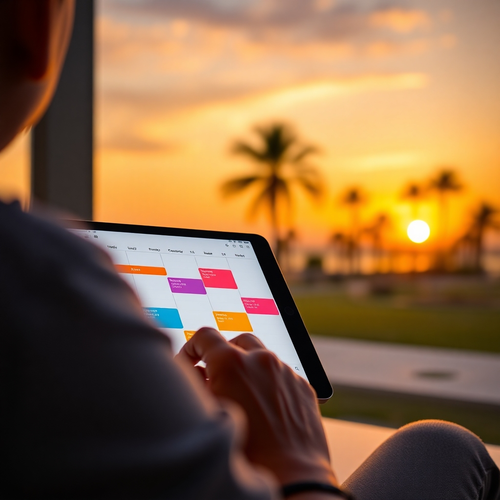 A photorealistic image of a person using a digital planner app on their tablet, showing a calendar with color-coded events for work, family time, and personal activities, with a serene background of a sunset and palm trees. The overall mood is calm and organized.