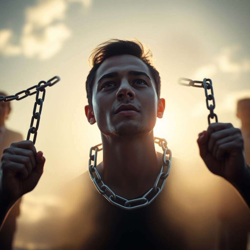 A photorealistic image of a person breaking free from chains made of negative thoughts, such as 'I can't', 'I'm not good enough', represented as dark, shadowy figures. The background should be bright and hopeful, symbolizing freedom and positivity. The person's expression should be one of empowerment and determination.  High detail, cinematic lighting.