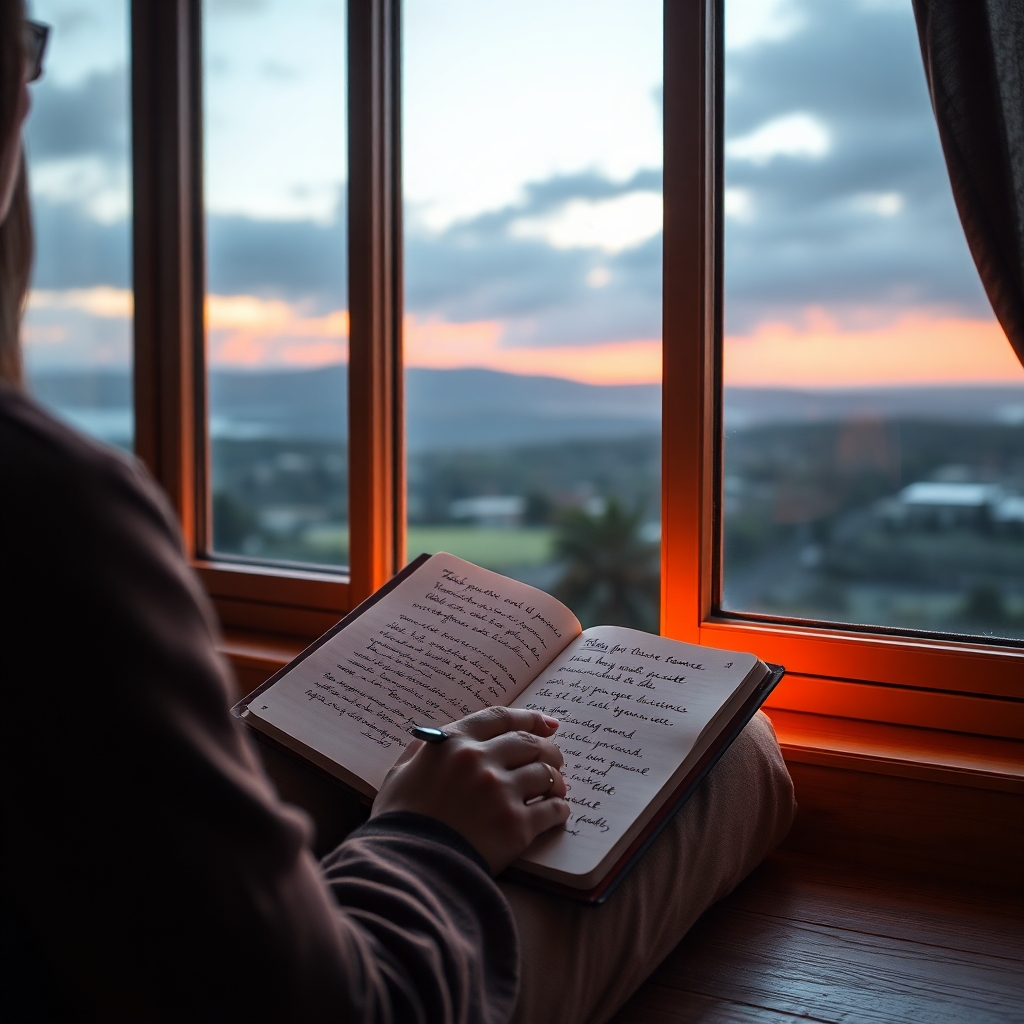 A photorealistic image of a person journaling by a window overlooking a scenic landscape. The journal is open to a page with inspiring notes and sketches. A warm, inviting light illuminates the scene, promoting feelings of peace and contemplation.