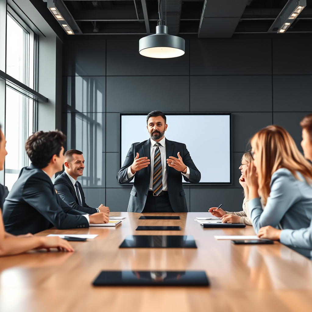 A powerful image of an executive confidently addressing a team in a modern boardroom. The scene is dynamic and professional, conveying leadership and vision. Technical specs: 4K resolution, high quality.