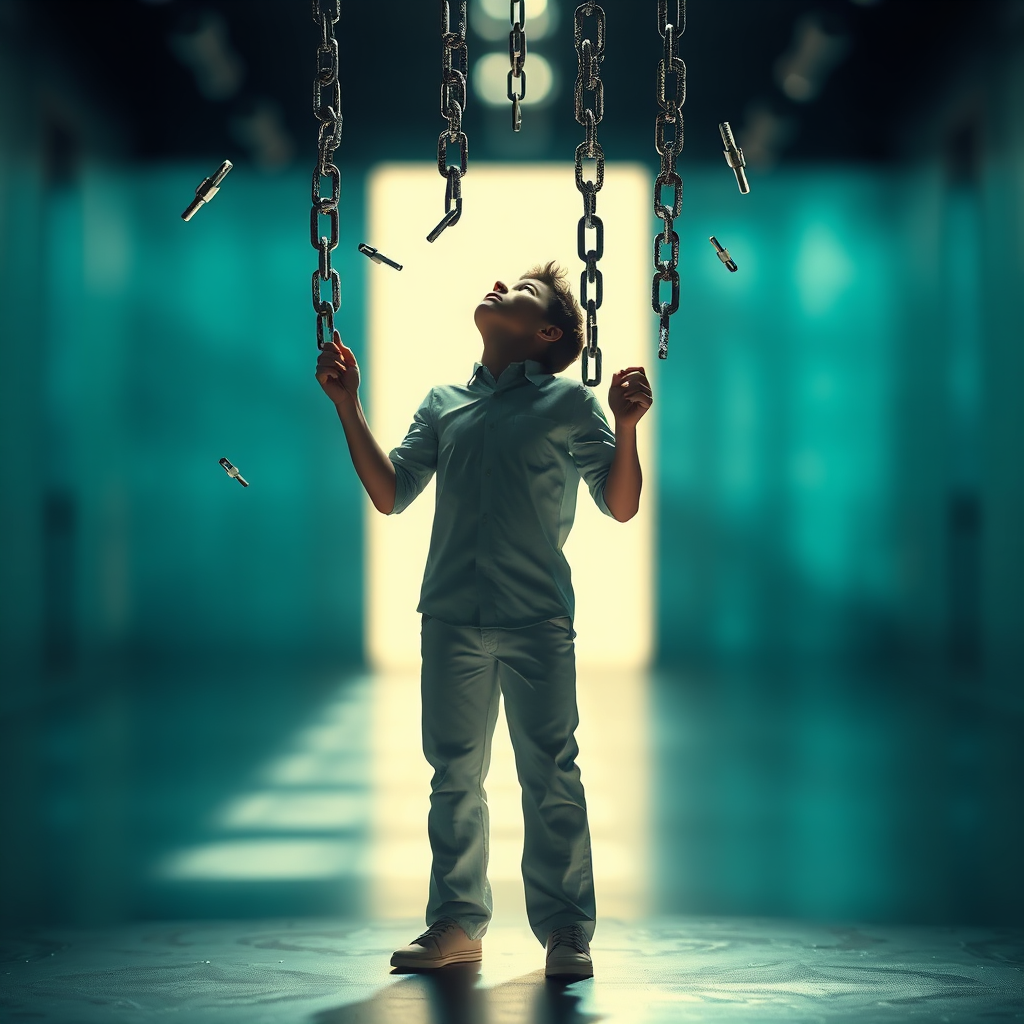 A stylized image of cracked chains falling away from a figure standing in a brightly lit space. The figure is looking upwards with a sense of freedom and relief. The background is blurred to emphasize the release from constraints. Color palette is bright and hopeful. Technical specs: 4K resolution, high quality.