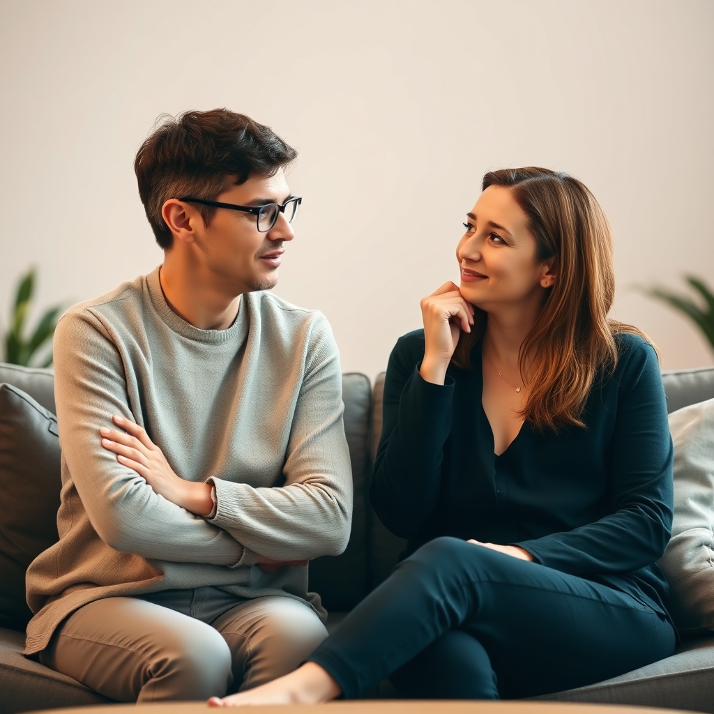 A warm, inviting image of a one-on-one coaching session in a comfortable setting. The coach is attentively listening and the client is engaged and thoughtful. The background is soft and blurred. Technical specs: 4K resolution, high quality.