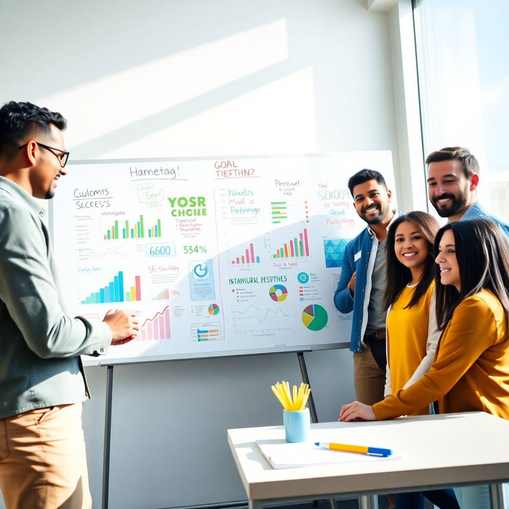 An ultra-high-definition image, 8K resolution, showcasing a diverse group of people collaborating on a large whiteboard filled with colorful charts, graphs, and inspirational quotes. The lighting is bright and energetic, with natural light streaming in from a large window. The color palette is vibrant and optimistic, featuring bright blues, greens, and yellows. The camera angle is slightly elevated, giving a dynamic perspective. The scene is set in a modern, minimalist office space, with clean lines and sleek furniture. Materials are smooth and modern, including glass, metal, and whiteboards. The people in the scene are diverse, representing varying ages, ethnicities, and genders. Each person exudes confidence and determination.  In the style of Steve McCurry. Hyperrealistic rendering with ultra-detailed textures, showcasing the expressions on each person's face, the smoothness of the whiteboard, and the sharpness of the markers. The scene is brimming with positive energy, expressing the collaborative nature of goal achievement. The overall mood is upbeat, optimistic, and aspirational.