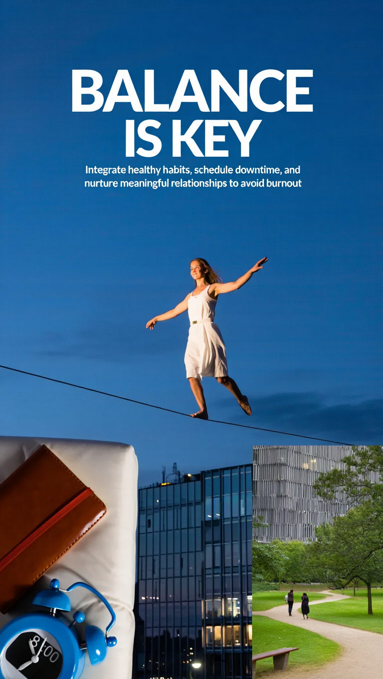 A photorealistic image depicting a balanced lifestyle. One side shows a person working productively at a clean, organized desk with a laptop, representing the professional life. The other side shows the same person engaging in a relaxing activity such as spending time in nature, practicing yoga, or enjoying a family dinner, representing personal life. The image should emphasize the seamless integration between the two aspects of life, with a soft, harmonious lighting and color palette. Use elements such as nature, family, and work tools to represent both aspects.