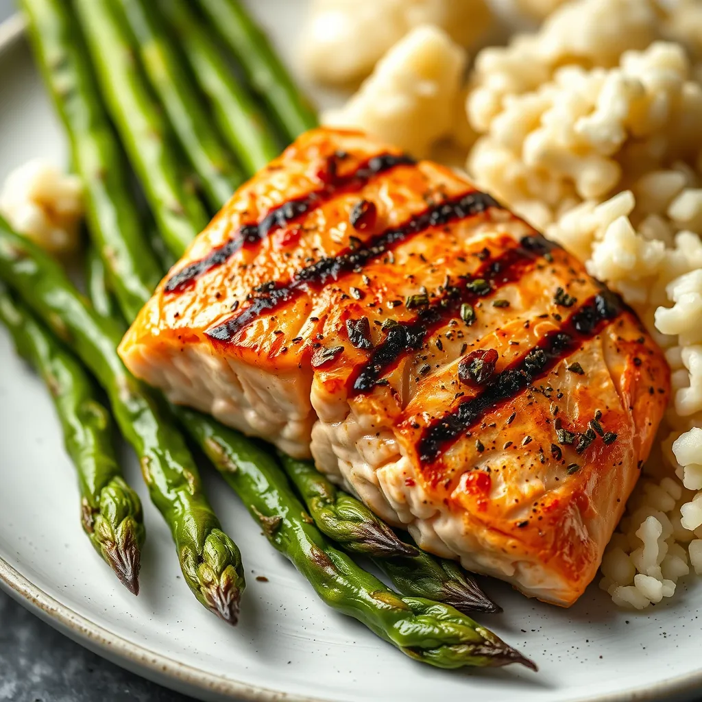 A close-up shot of a plate with grilled salmon, asparagus spears, and a side of cauliflower rice. The salmon is flaky and cooked to perfection, highlighting the protein focus of the keto diet.