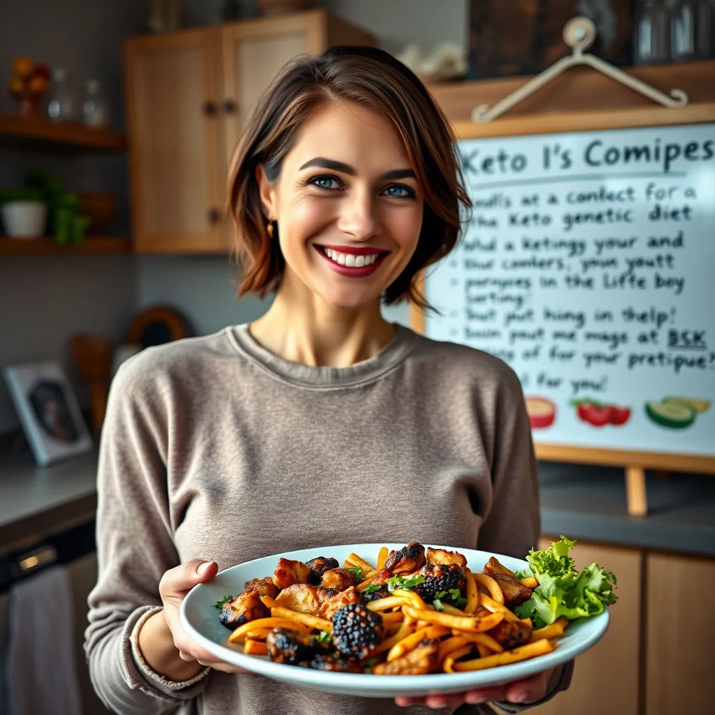 A close-up shot of a woman smiling and holding a plate with a delicious keto meal. The background is a warm, inviting kitchen setting, showcasing a cookbook with keto recipes and a whiteboard with information about the benefits of a ketogenic diet. The image should convey a sense of knowledge and empowerment.