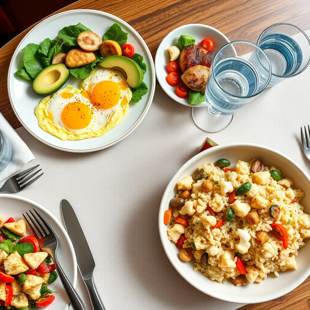 A table setting with a colorful and appetizing spread of keto-friendly dishes.  Include a plate with scrambled eggs and avocado, a salad with grilled chicken and a vinaigrette dressing, and a bowl of cauliflower rice with sautéed vegetables. The table should be set with elegant cutlery and a glass of water. The image should have a warm and inviting feel, highlighting the appeal of healthy and delicious keto meals.