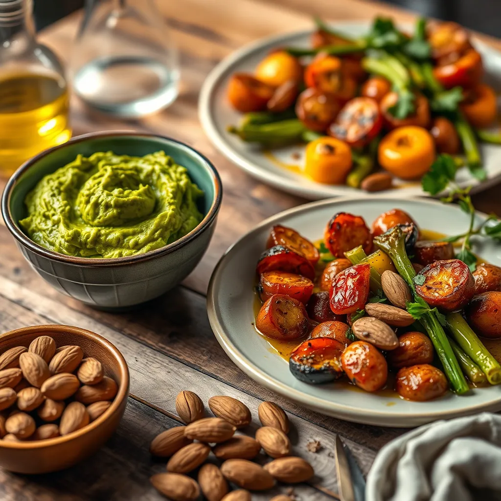 A vibrant table setting with a bowl of guacamole, a plate of roasted vegetables drizzled with olive oil, and a handful of almonds. The image should be warm and inviting, showcasing the deliciousness of healthy fats.