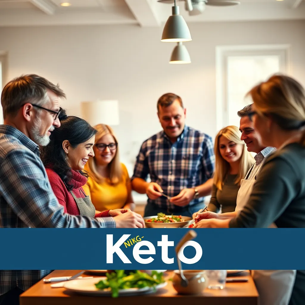 An inspiring and informative image depicting the educational aspect of the Keto diet. The image should feature a group of individuals, both men and women, of various ages and ethnicities, engaged in a Keto-related activity. The individuals could be attending a cooking class, participating in a group discussion, or preparing a Keto meal together. The setting should be bright and inviting, such as a modern kitchen or a community center. The lighting should be warm and inviting, creating a sense of community and support.  The image should be composed in a dynamic way, capturing the energy and enthusiasm of the group. The focus should be on the individuals and their interactions, with the Keto-related activity serving as a backdrop. The style should be realistic and relatable, emphasizing the social and supportive aspects of the Keto lifestyle. 8K resolution, hyperrealistic, and ultra-detailed.