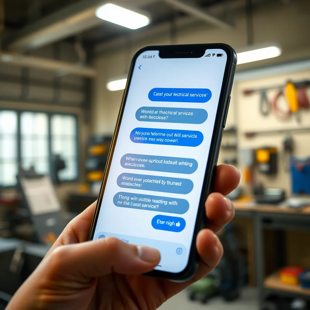 A close-up of a modern smartphone displaying a messaging app, with a focus on a chat conversation discussing electrical services. The background should feature a well-lit workshop with tools and equipment, emphasizing communication in a professional setting.
