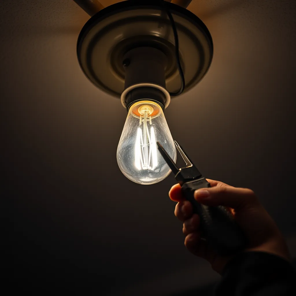 A close-up photo of a ceiling light fixture with a flickering bulb. The background shows a dimly lit room, emphasizing the contrast of the flickering light. The image captures a hand, with tools, inspecting wiring. The atmosphere is slightly moody, highlighting the electrical tension.