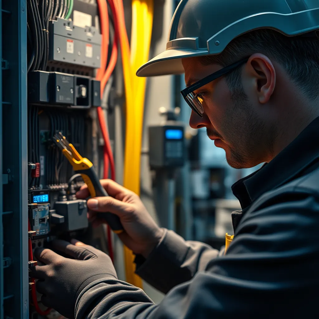 A close-up view of an electrician performing maintenance on an electrical panel. Capture detailed elements like circuit connections, tools in use, and diagnostic equipment. The setting should reflect a professional environment with clear indications of electrical components.