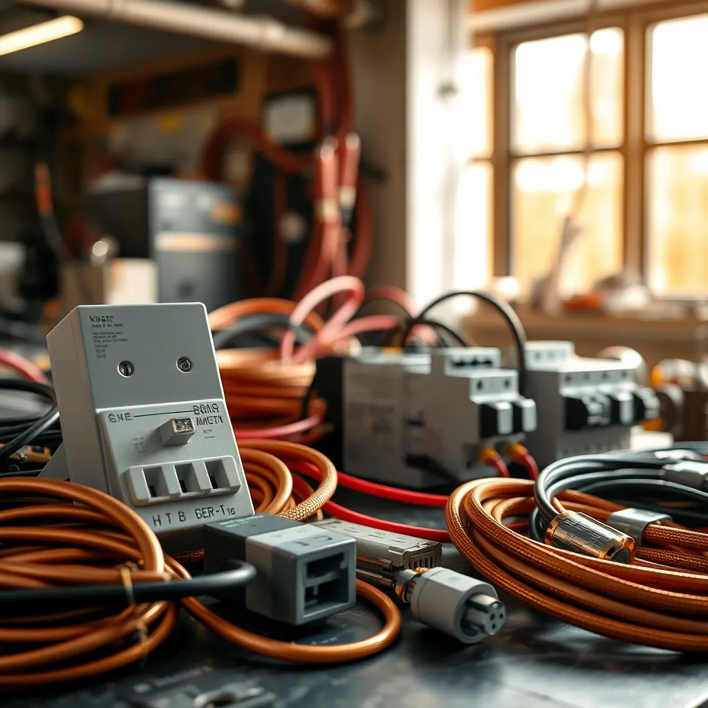 A close-up view of various high-quality electrical materials, including copper wires, premium outlets, and circuit breakers, neatly arranged on a working table. The image should highlight the textures and details of these components in a well-lit environment.