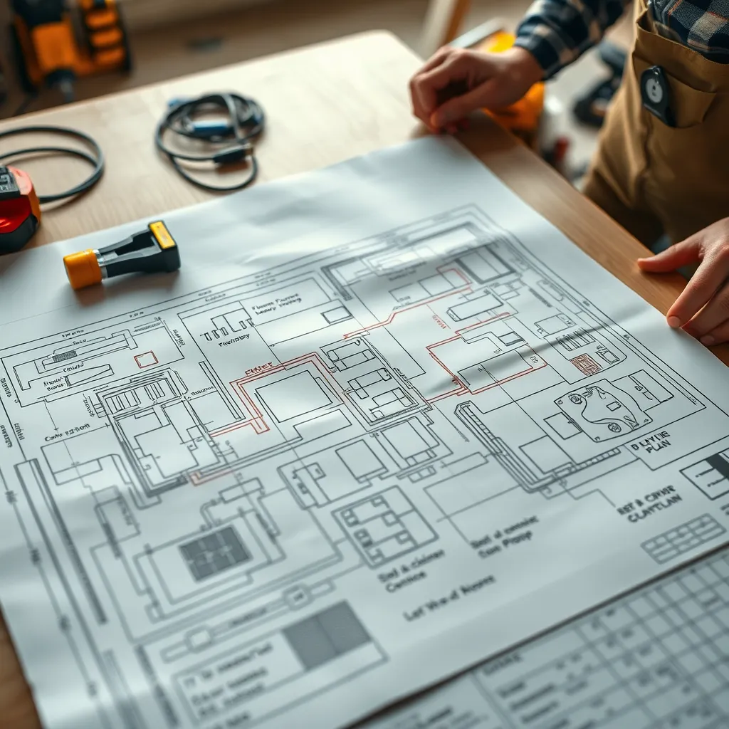 A detailed blueprint of an electrical installation plan spread out on a table, with an electrician reviewing it. The setting includes electrical tools and components nearby to suggest an active home renovation environment, showcasing thoughtful preparation.